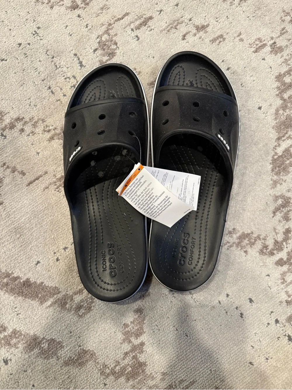 CROCS Black Slide Sandals with White Accent Stripe